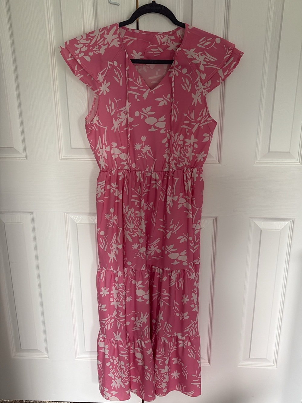 Pink Floral Tiered Midi Dress